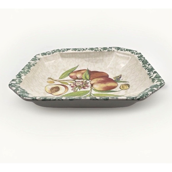 Vintage Serving Bowl Ceramic Octagon Peach Butterfly Floral Design Made in Italy - Picture 3 of 7